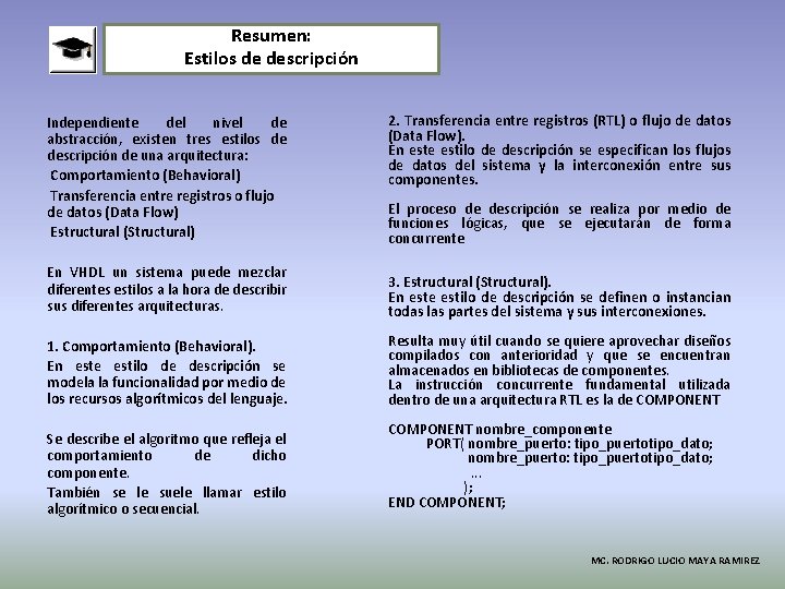 Resumen: Estilos de descripción Independiente del nivel de abstracción, existen tres estilos de descripción