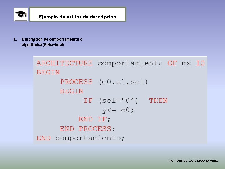 Ejemplo de estilos de descripción 1. Descripción de comportamiento o algorítmica (Behavioral) MC. RODRIGO