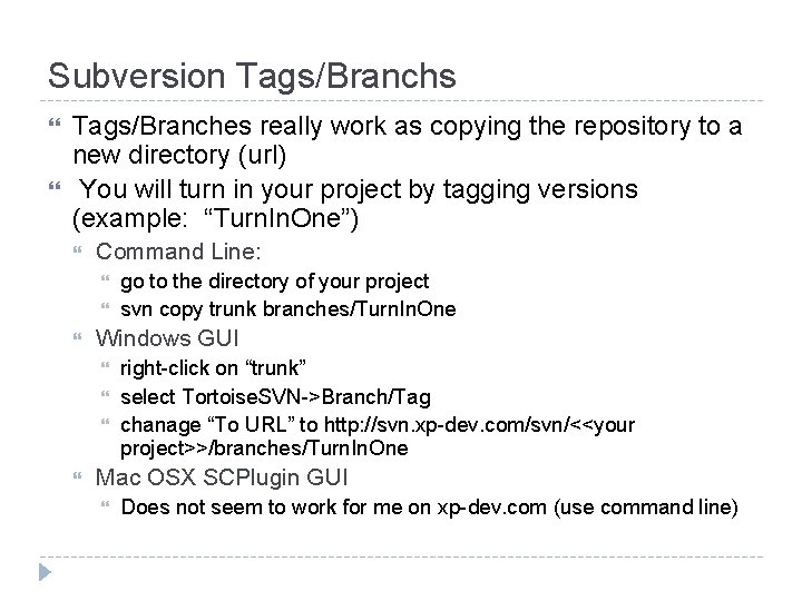 Subversion Tags/Branchs Tags/Branches really work as copying the repository to a new directory (url) Subversion Tags/Branchs Tags/Branches really work as copying the repository to a new directory (url)