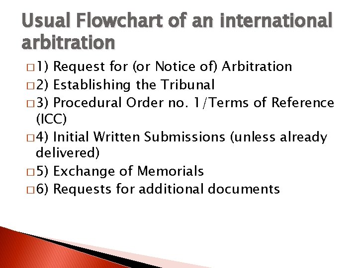 Usual Flowchart of an international arbitration � 1) Request for (or Notice of) Arbitration