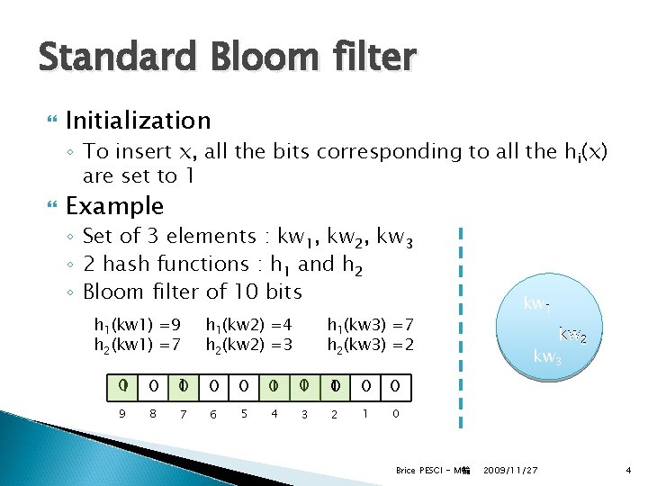 Standard Bloom filter Initialization ◦ To insert x, all the bits corresponding to all