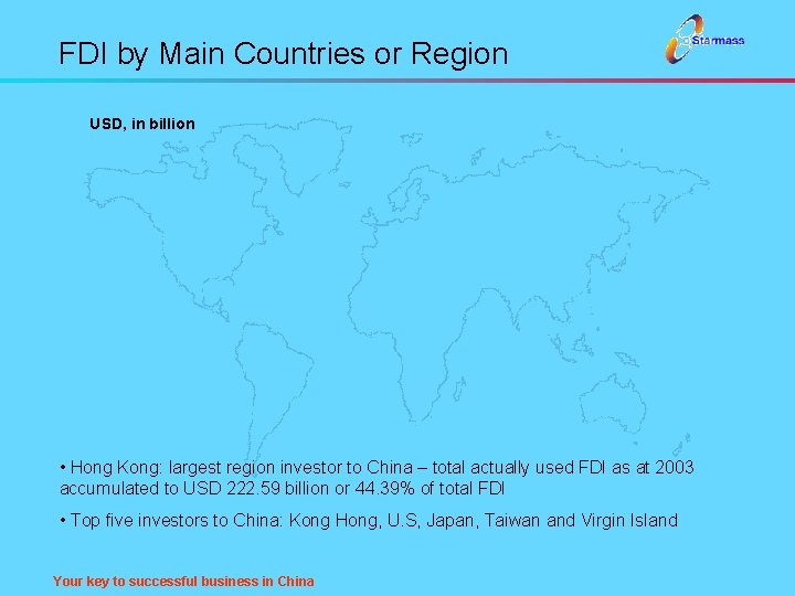 FDI by Main Countries or Region USD, in billion • Hong Kong: largest region