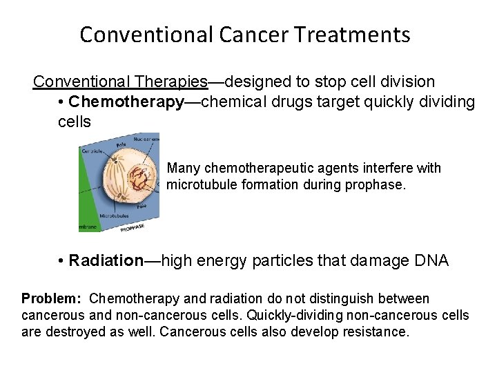 Conventional Cancer Treatments Conventional Therapies—designed to stop cell division • Chemotherapy—chemical drugs target quickly