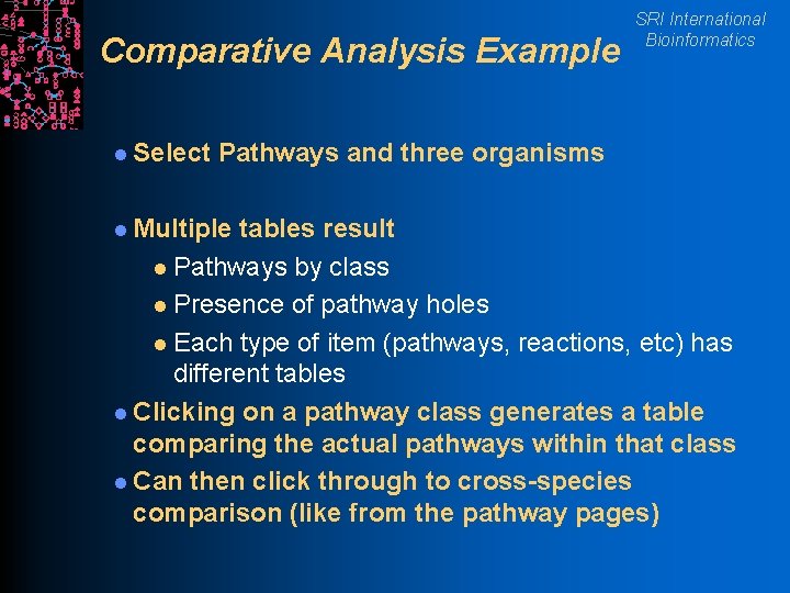 Comparative Analysis Example l Select SRI International Bioinformatics Pathways and three organisms l Multiple