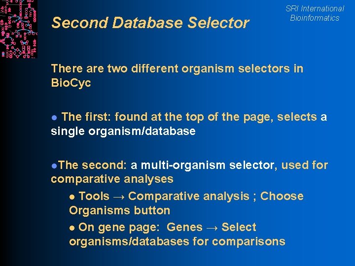 Second Database Selector SRI International Bioinformatics There are two different organism selectors in Bio.
