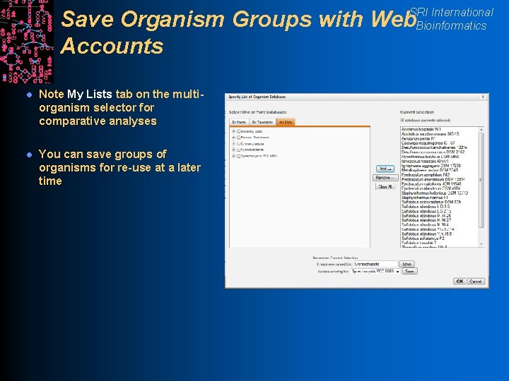SRI International Bioinformatics Save Organism Groups with Web Accounts l Note My Lists tab