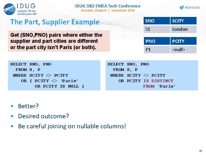 The Part, Supplier Example SNO SCITY Get (SNO, PNO) pairs where either the supplier