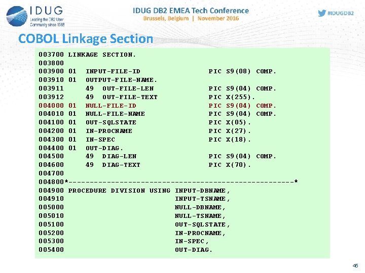 COBOL Linkage Section 003700 LINKAGE SECTION. 003800 003900 01 INPUT-FILE-ID PIC S 9(08) COMP.