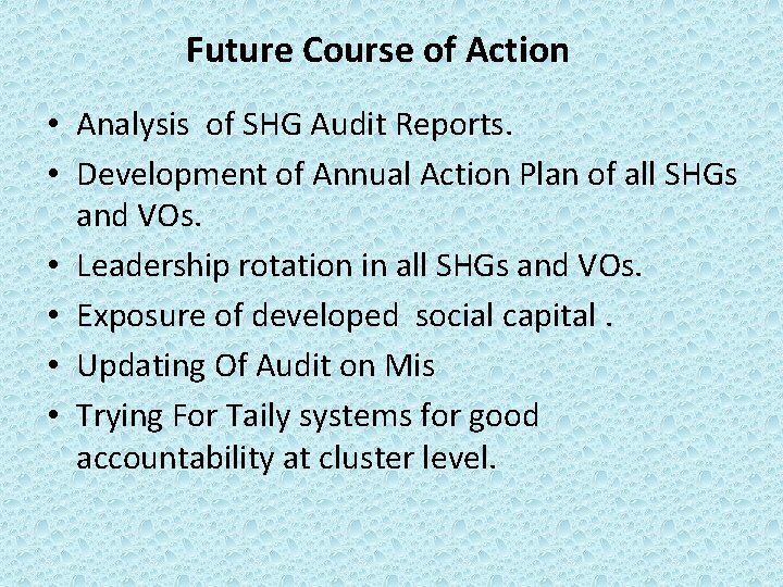 Future Course of Action • Analysis of SHG Audit Reports. • Development of Annual