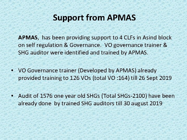 Support from APMAS, has been providing support to 4 CLFs in Asind block on