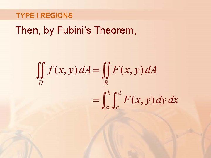 TYPE I REGIONS Then, by Fubini’s Theorem, TYPE I REGIONS Then, by Fubini’s Theorem,