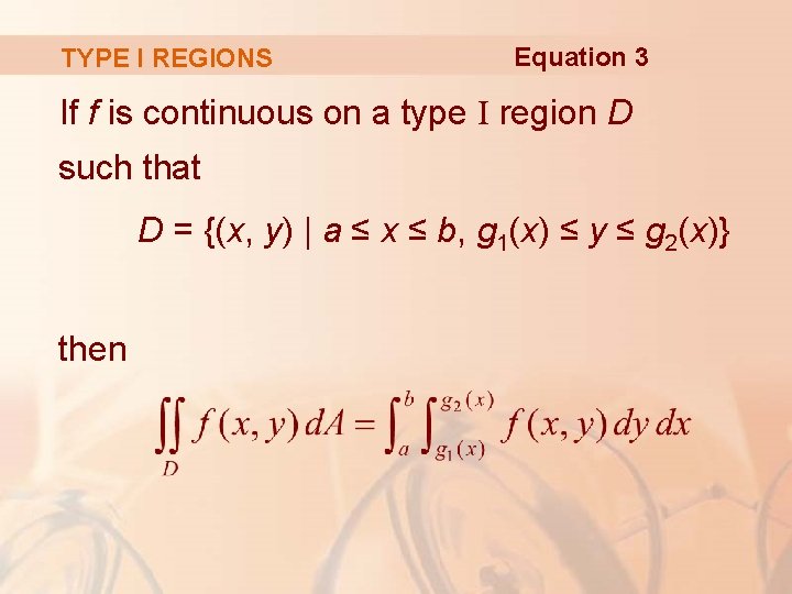 TYPE I REGIONS Equation 3 If f is continuous on a type I region TYPE I REGIONS Equation 3 If f is continuous on a type I region