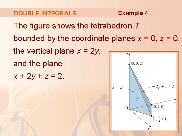 DOUBLE INTEGRALS Example 4 The figure shows the tetrahedron T bounded by the coordinate DOUBLE INTEGRALS Example 4 The figure shows the tetrahedron T bounded by the coordinate
