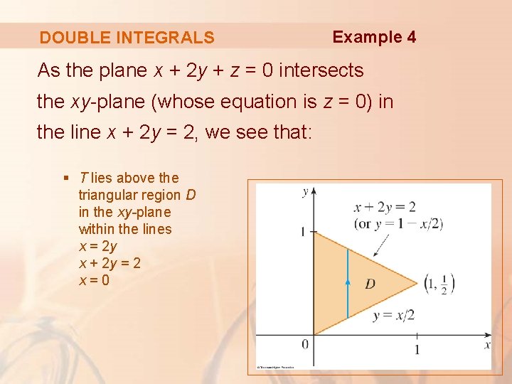 DOUBLE INTEGRALS Example 4 As the plane x + 2 y + z =