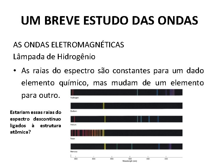 UM BREVE ESTUDO DAS ONDAS ELETROMAGNÉTICAS Lâmpada de Hidrogênio • As raias do espectro