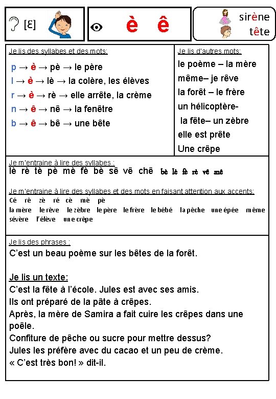 [Ɛ] sirène tête è ê Je lis des syllabes et des mots: Je lis