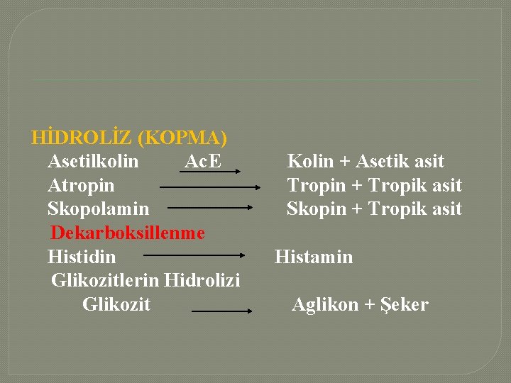 HİDROLİZ (KOPMA) Asetilkolin Ac. E Atropin Skopolamin Dekarboksillenme Histidin Glikozitlerin Hidrolizi Glikozit Kolin +