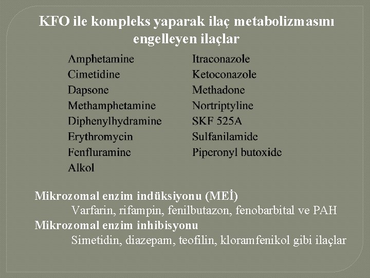 KFO ile kompleks yaparak ilaç metabolizmasını engelleyen ilaçlar Mikrozomal enzim indüksiyonu (MEİ) Varfarin, rifampin,