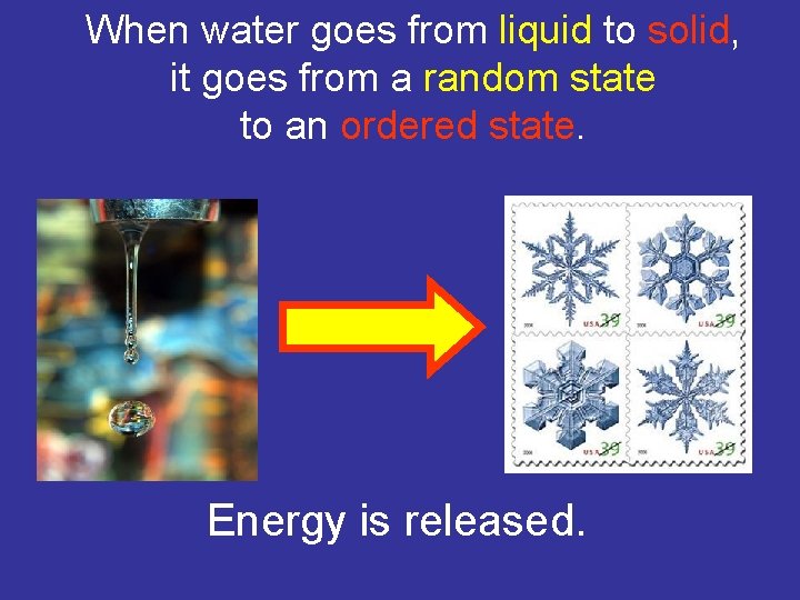 When water goes from liquid to solid, it goes from a random state to