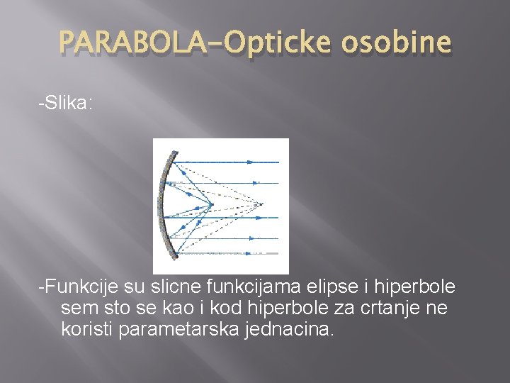 PARABOLA-Opticke osobine -Slika: -Funkcije su slicne funkcijama elipse i hiperbole sem sto se kao