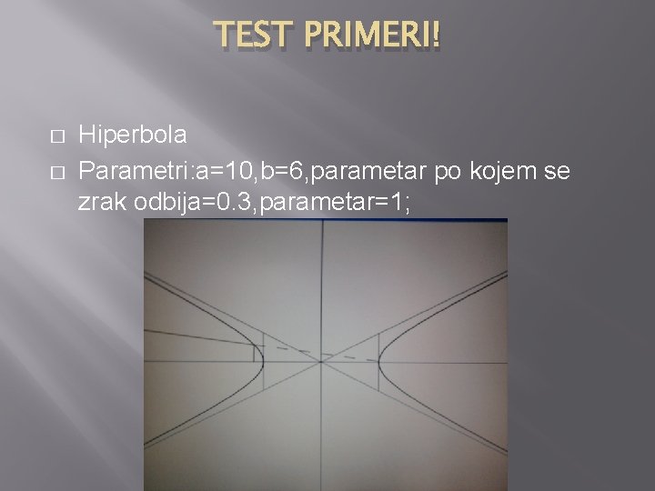 TEST PRIMERI! � � Hiperbola Parametri: a=10, b=6, parametar po kojem se zrak odbija=0.