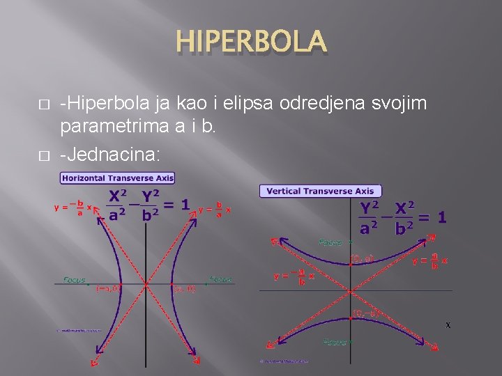HIPERBOLA � � -Hiperbola ja kao i elipsa odredjena svojim parametrima a i b.