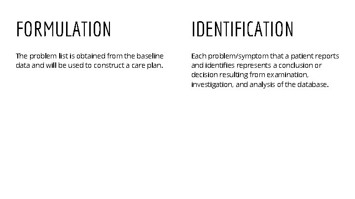 FORMULATION IDENTIFICATION The problem list is obtained from the baseline data and will be