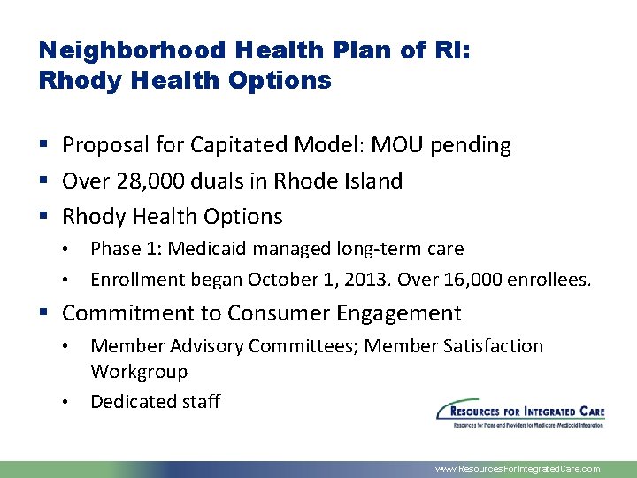 Neighborhood Health Plan of RI: Rhody Health Options § Proposal for Capitated Model: MOU