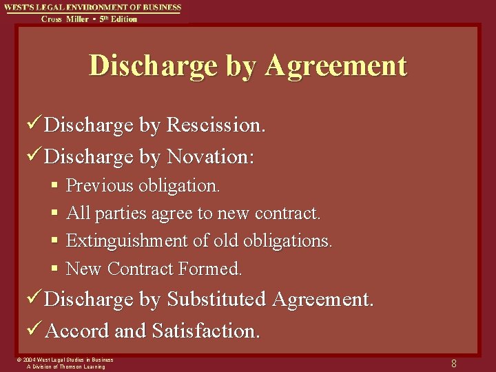 Discharge by Agreement ü Discharge by Rescission. ü Discharge by Novation: § Previous obligation.