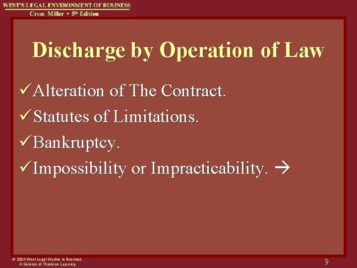 Discharge by Operation of Law üAlteration of The Contract. üStatutes of Limitations. üBankruptcy. üImpossibility