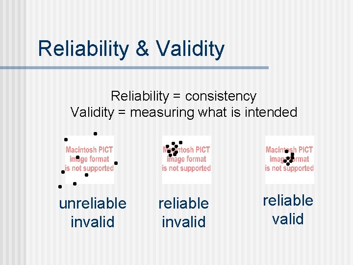 Reliability & Validity Reliability = consistency Validity = measuring what is intended unreliable invalid