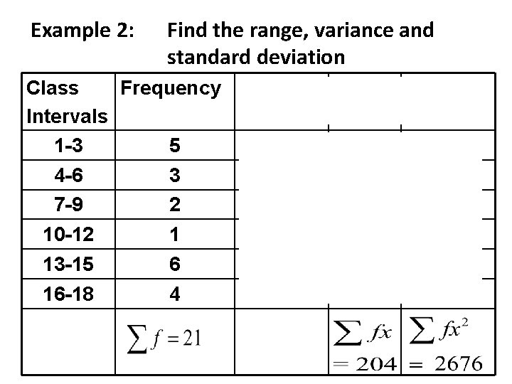 Example 2: Find the range, variance and standard deviation Class Frequency Class mark x