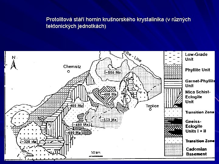 Protolitová stáří hornin krušnorského krystalinika (v různých tektonických jednotkách) 