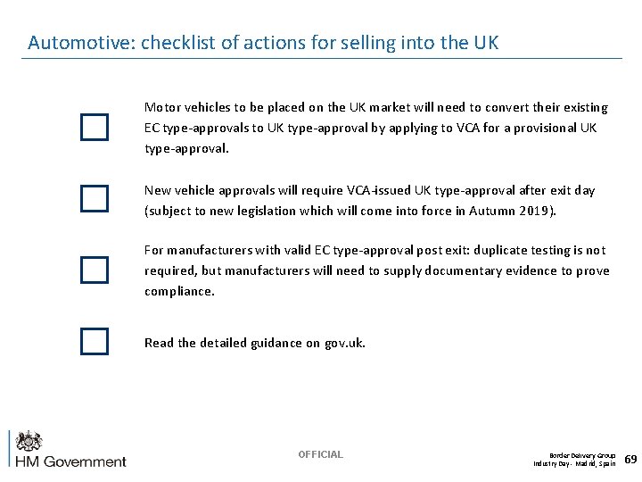 Automotive: checklist of actions for selling into the UK Motor vehicles to be placed