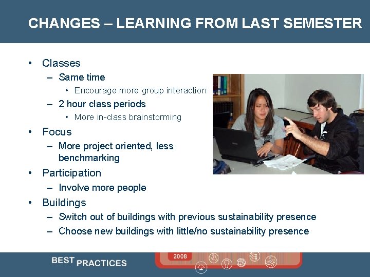 CHANGES – LEARNING FROM LAST SEMESTER • Classes – Same time • Encourage more