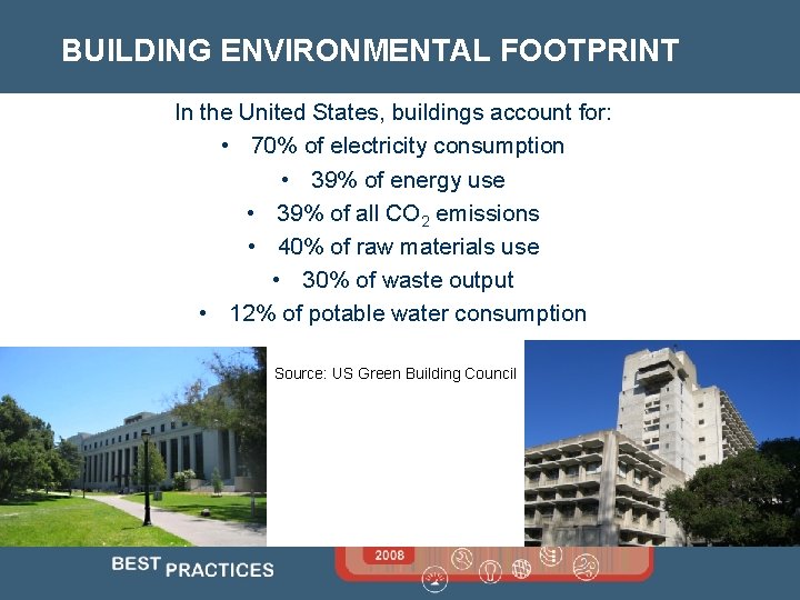 BUILDING ENVIRONMENTAL FOOTPRINT In the United States, buildings account for: • 70% of electricity