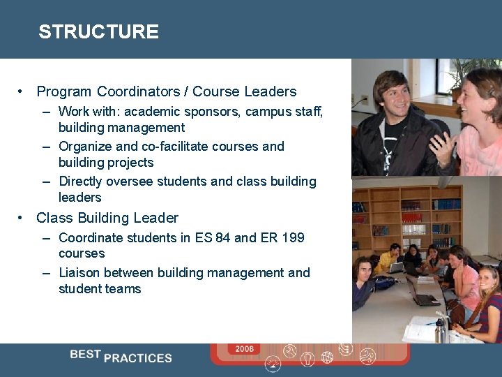 STRUCTURE • Program Coordinators / Course Leaders – Work with: academic sponsors, campus staff,