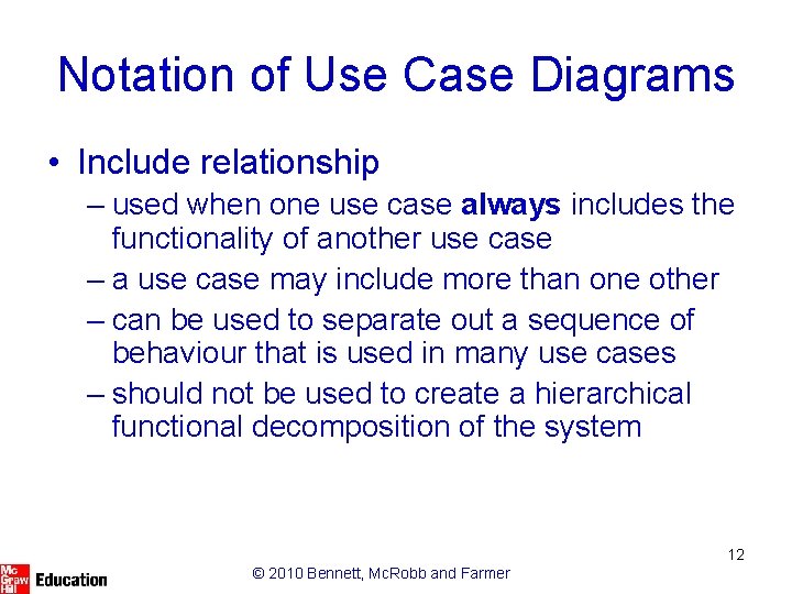 Notation of Use Case Diagrams • Include relationship – used when one use case
