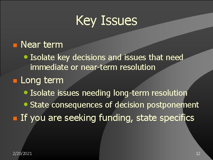 Key Issues n Near term • Isolate key decisions and issues that need immediate