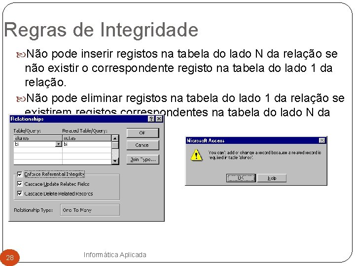Regras de Integridade Não pode inserir registos na tabela do lado N da relação