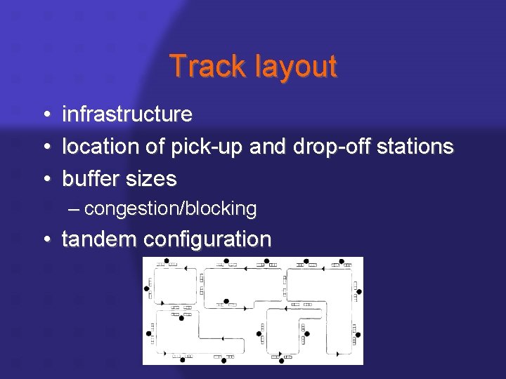 Track layout • • • infrastructure location of pick-up and drop-off stations buffer sizes