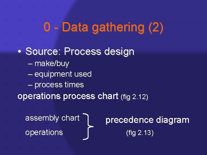 0 - Data gathering (2) • Source: Process design – make/buy – equipment used