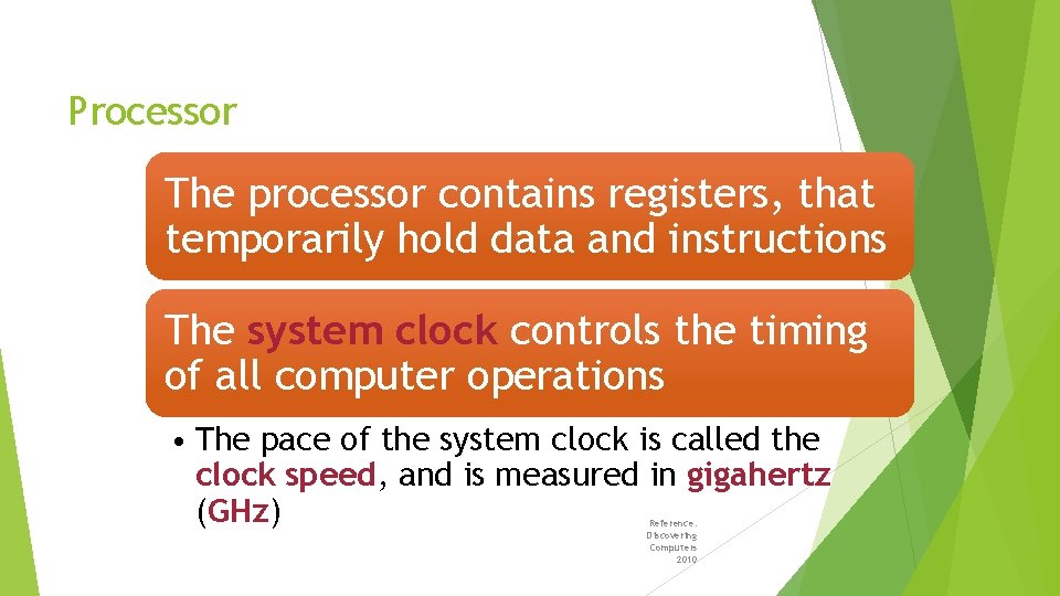 Processor The processor contains registers, that temporarily hold data and instructions The system clock