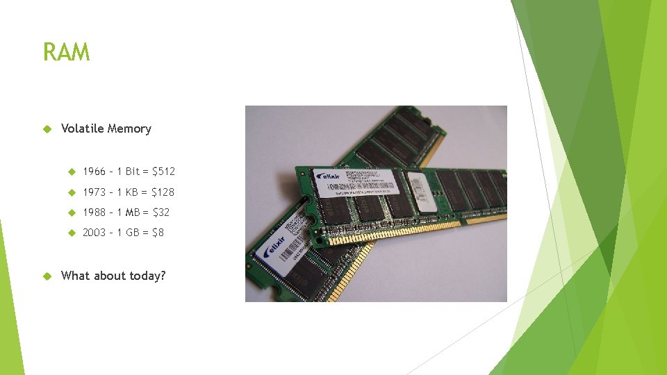 RAM Volatile Memory 1966 – 1 Bit = $512 1973 – 1 KB =