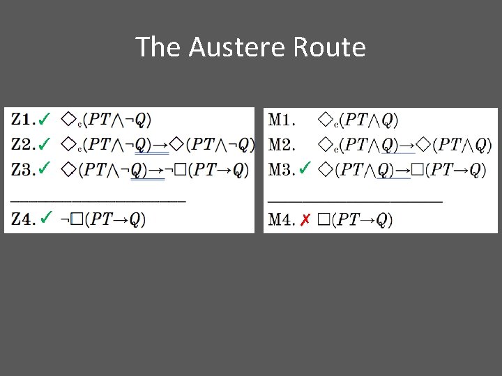 The Austere Route ✓ ✓ ✓ ✗ 