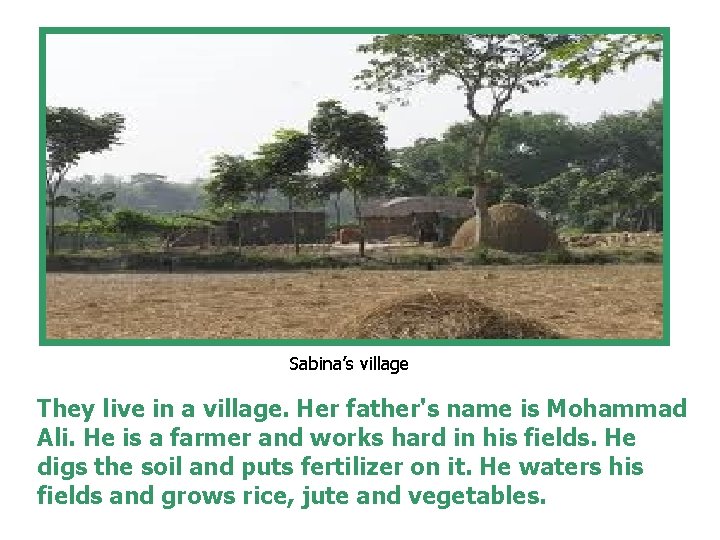 Sabina’s village They live in a village. Her father's name is Mohammad Ali. He