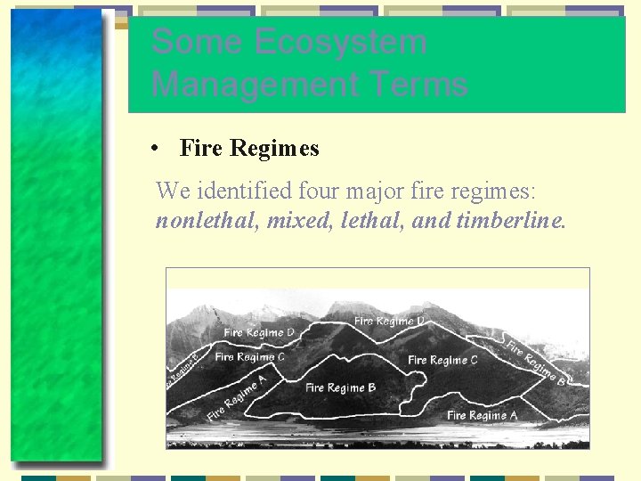 Some Ecosystem Management Terms • Fire Regimes We identified four major fire regimes: nonlethal,