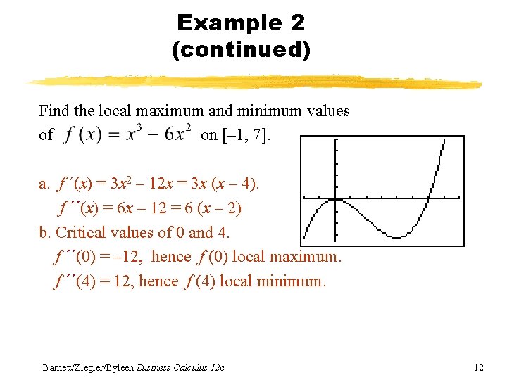 Example 2 (continued) Find the local maximum and minimum values of on [– 1,