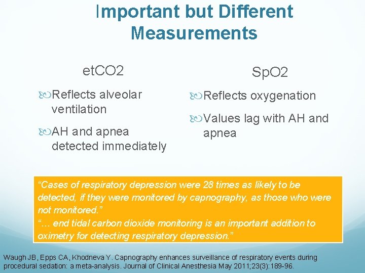Important but Different Measurements et. CO 2 Reflects alveolar ventilation AH and apnea detected