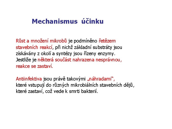 Mechanismus účinku Růst a množení mikrobů je podmíněno řetězem stavebních reakcí, při nichž základní